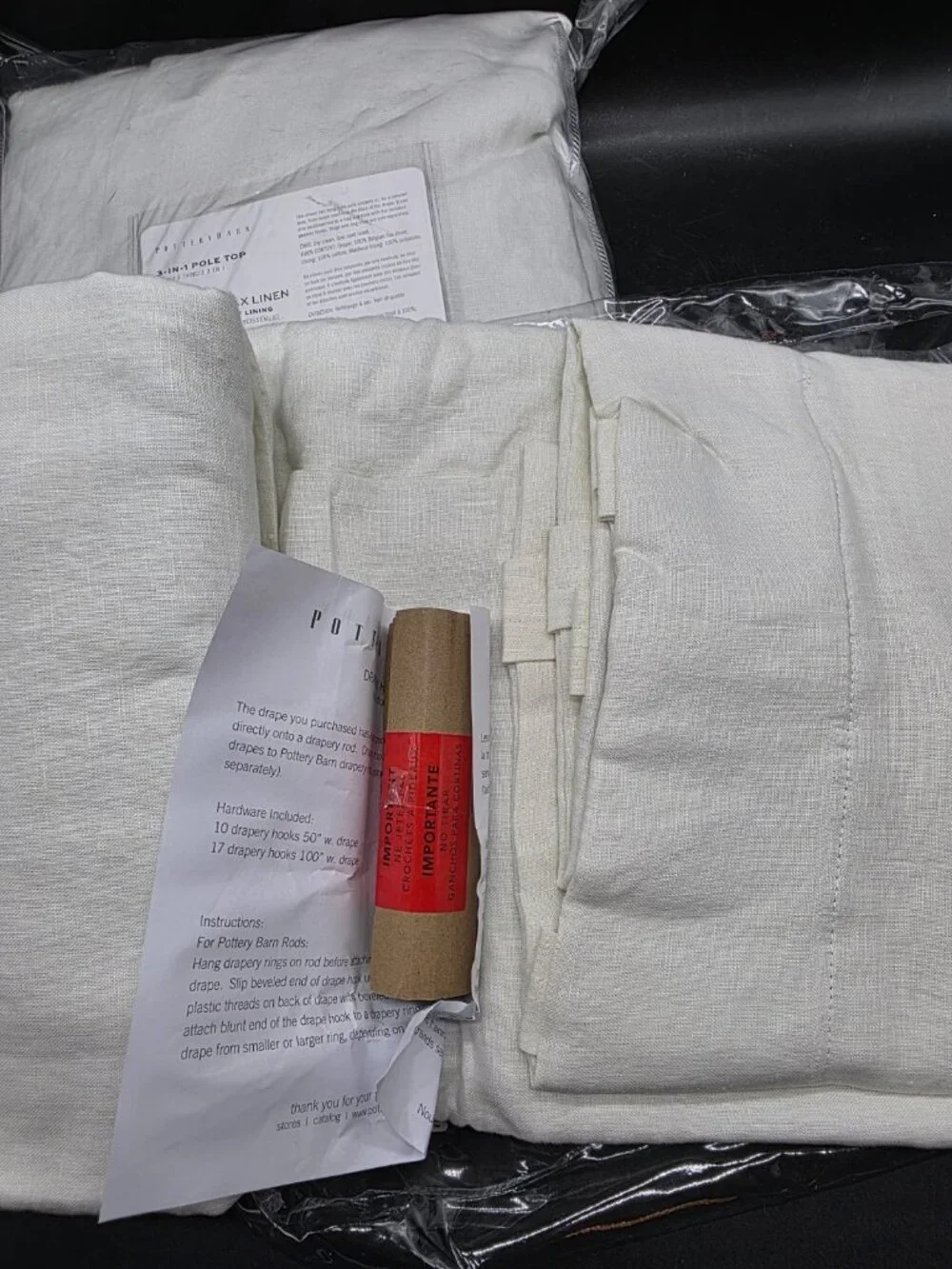 Pottery Barn Belgian Flax Linen BlkOut Curtain Pair 50x 84 Ivory New 3-in-1 Pole